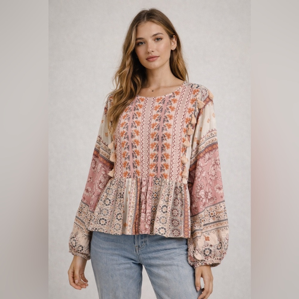American Eagle Outfitters Pink and Cream Floral Bohemian Peplum Blouse Tassels